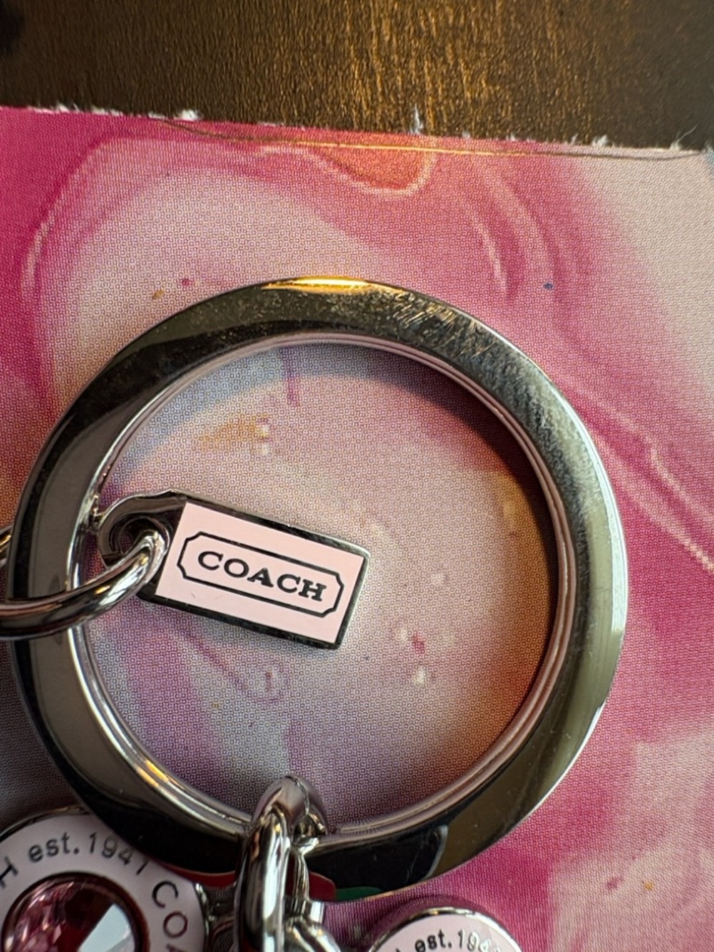 COACH Pink and Silver Logo Charm Keyring - Picture 4 of 7